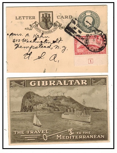 GIBRALTAR - 1933 2d grey illustrated letter card uprated to USA.  H&G 1.