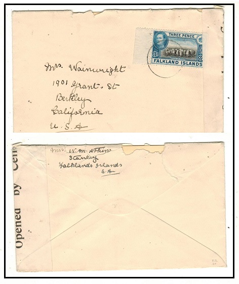 FALKLAND ISLANDS - 1944 (circa) 3d rate cover to USA with OPENED BY CENSOR label applied.
