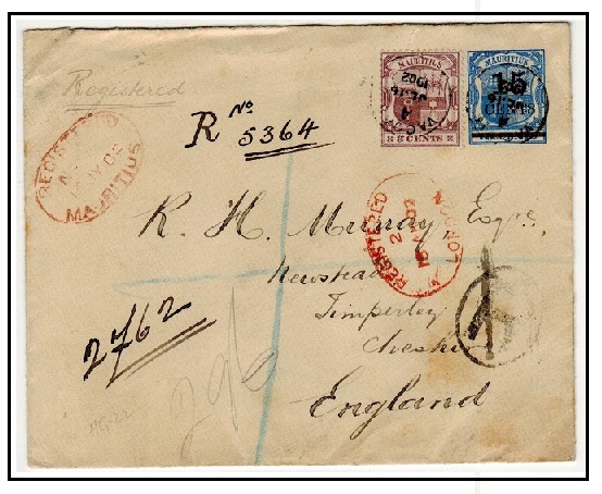 MAURITIUS - 1902 15c on 18c blue PSE registered and uprated to UK used at VAVOS.  H&G 22a.