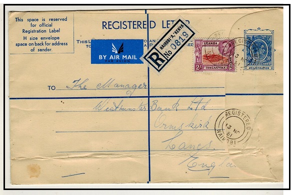K.U.T. - 1951 30c blue RPSE uprated to UK with 2/- tied REGISTERED/NAIROBI.  H&G 7a.