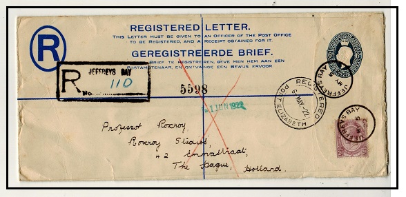 SOUTH AFRICA - 1922 6d blue RPSE uprated to Holland with 2d adhesive used at JEFFREYS BAY.
