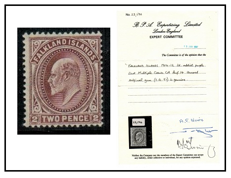 FALKLAND ISLANDS -1912 2d reddish purple U/M with BPA certificate.  SG 45b.
