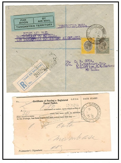 TANGANYIKA - 1931 60c rate first flight cover to Mombasa used at CAMP POST OFFICE/DAR ES SALAAM.