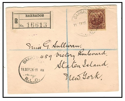 BARBADOS - 1928 3d rate registered cover to USA.
