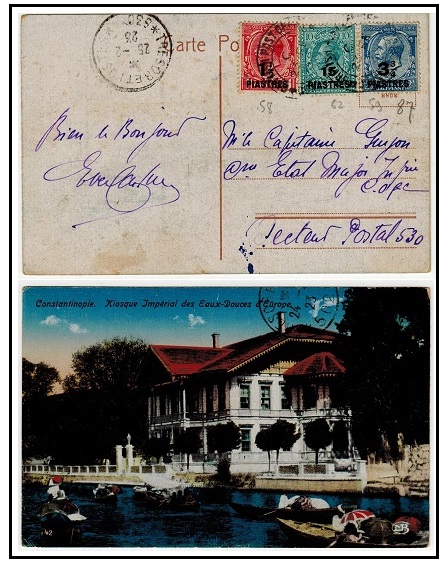 BRITISH LEVANT - 1923 multi franked postcard use to France used at BPO/CONSTANTINOPLE.