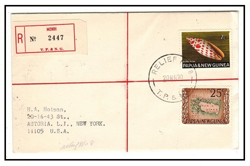 PAPUA NEW GUINEA - 1970 32c rate registered cover to USA used at RELIEF No.8 at MENDI.