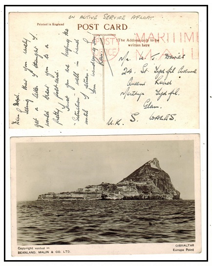 GIBRALTAR - 1940 (circa) use of postcard to UK cancelled POST OFFICE/MARITIME MAIL.
