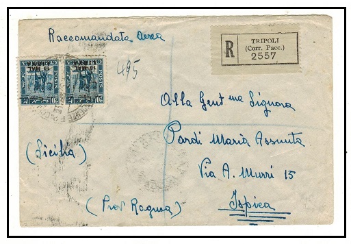 B.O.F.I.C. (Cyrenaica Libya) - 1952 10m on 20c pair on registered cover to Italy used at TRIPOLI.