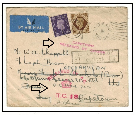 SOUTH AFRICA - 1940 inward re-directed cover from UK with scarce CAPETOWN/RELEASED BY CENSOR h/s.