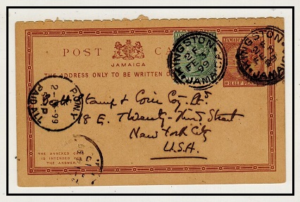 JAMAICA - 1883 outward section of 1d+1d PSRC uprated to USA used at KINGSTON.  H&G 12a.