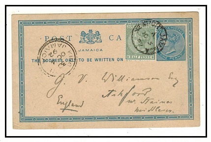 JAMAICA - 1877 1d blue PSC uprated to UK used at KINGSTON.  H&G 8.