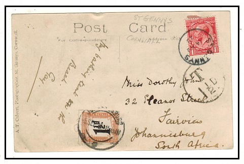 SOUTH AFRICA - 1923 underpaid inward postcard from UK with 1 1/2d 