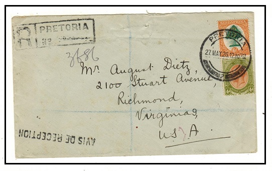 SOUTH AFRICA - 1926 10d rate registered cover to USA struck 