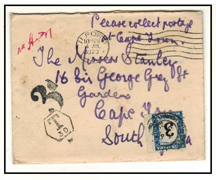 SOUTH AFRICA - 1929 unpaid local cover with scarce 3d 
