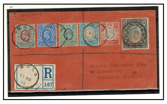 K.U.T. - 1913 registered multi franked cover to Austria including 3r high value used at MOLO.