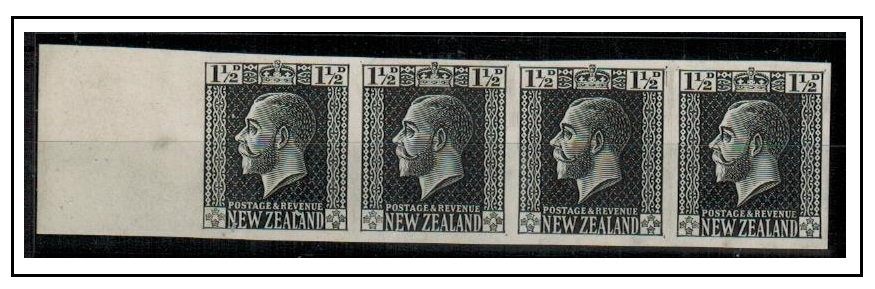 NEW ZEALAND - 1915 1 1/2d IMPERFORATE PLATE PROOF strip of four printed in black.