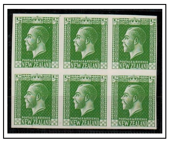 NEW ZEALAND - 1915 1/2d IMPERFORATE PLATE PROOF block of six printed in green.