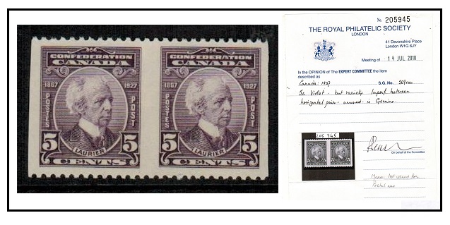 CANADA - 1927 5c violet unmounted mint IMPERF BETWEEN pair with RPS certificate.  SG 269.
