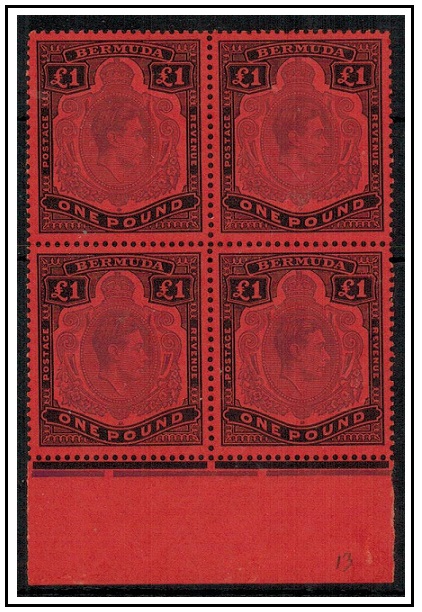 BERMUDA - 1951 £1 violet and black on scarlet (perf 13) U/M block of four.  SG 121d.