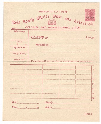 NEW SOUTH WALES - 1895 6d violet TELEGRAM FORM unused handstamped SPECIMEN. H&G 1.