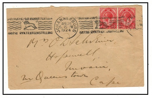 SOUTH AFRICA - 1924 2d rate BRITISH EMPIRE EXHIBITION  Johannesburg slogan cover to UK.