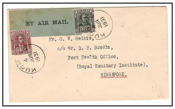 SARAWAK - 1931 14c rate first flight cover to Singapore used at KUCHING.