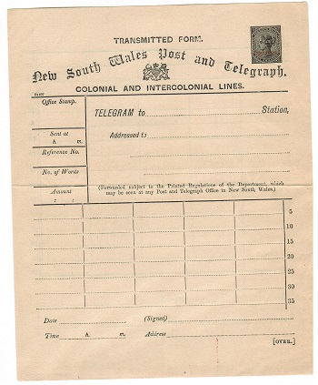 NEW SOUTH WALES - 1895 1/- black TELEGRAM form unused handstamped SPECIMEN. H&G 2.