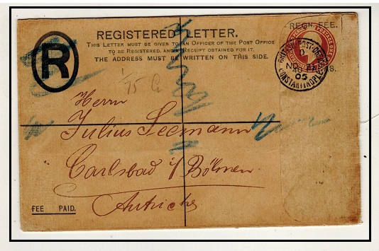BRITISH LEVANT - 1902 40p on 2d+1d brown RPSE to Austria used at BPO/COMSTANTINOPLE.  H&G 14a.