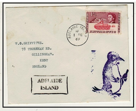 BR.ANTARCTIC TERRITORY - 1969  1 1/2d rate cover to UK used at ADELAIDE ISLAND.