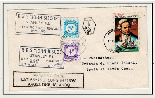 BR.ANTARCTIC TERRITORY - 1980 underpaid cover to Tristan used at ARGENTINE ISLAND with dues added.