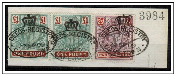 CAPE OF GOOD HOPE - 1903 2/- and £1 pair REVENUE usage on piece.