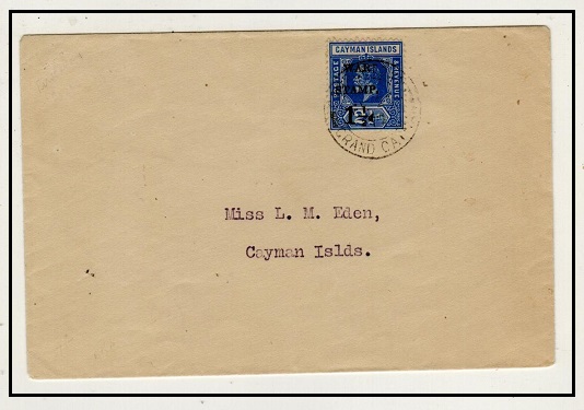 CAYMAN ISLANDS - 1917 use of single 1 1/2d on 2 1/2d WAR STAMP on local cover.