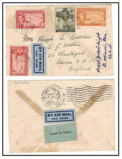 CAYMAN ISLANDS - 1940 censored first flight cover to USA.