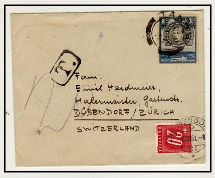 K.U.T. - 1951 underpaid cover to Switzerland with 
