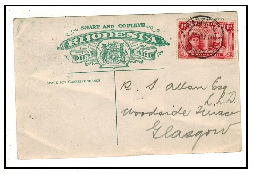 RHODESIA - 1910 postcard use to UK with early use of 1d 