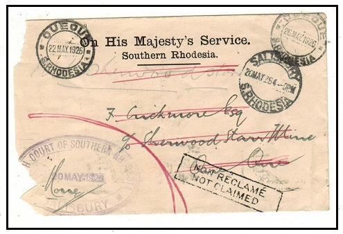 SOUTHERN RHODESIA - 1926 OHMS cover use from SALISBURY struck NOT CLAIMED.