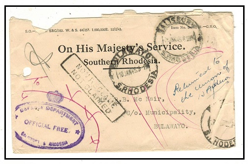 SOUTHERN RHODESIA - 1943 OHMS cover from SALISBURY struck NOT CLAIMED.