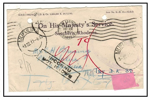 SOUTHERN RHODESIA - 1947 OHMS cover used at SALISBURY struck NOT KNOWN.