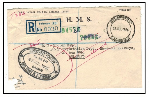 SOUTHERN RHODESIA - 1956 registered OHMS cover use at BULAWAYO.