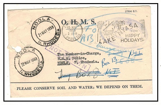 SOUTHERN RHODESIA - 1959 OHMS cover use at CAUSWAY struck NOT KNOWN in violet.
