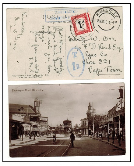 SOUTH AFRICA - 1916 unstamped local postcard use struck UNSTAMPED and with 1d 