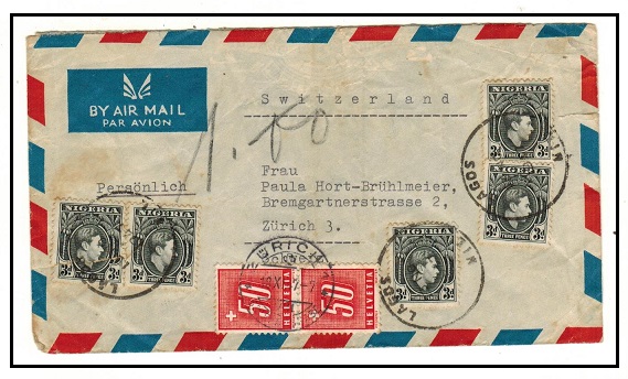 NIGERIA - 1947 underpaid cover to Switzerland with Swiss 50c (x2) 