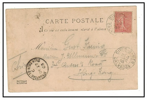 HONG KONG - 1903 inward postcard from France with 