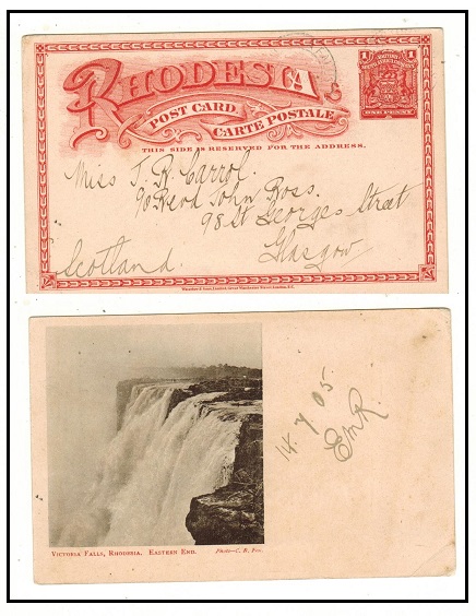 RHODESIA - 1899 1d brick red illustrated PSC to UK used at VICTORIA FALLS.  SG 11a.