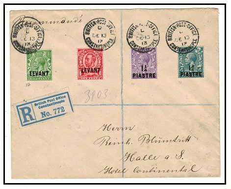 BRITISH LEVANT - 1913 Turkish/GB mixed registered franking cover used locally at BPO/CONSTANTINOPLE.