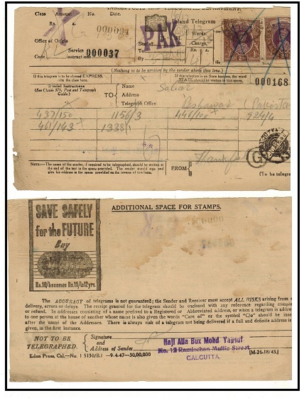 INDIA - 1948 use of telegram form bearing 2r (x2) used at CALCUTTA.