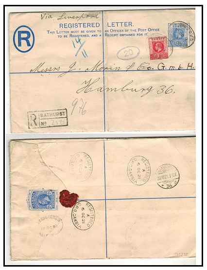 GAMBIA - 1912 2d ultramarine uprated RPSE (size H) to Germany.  H&G 2b.