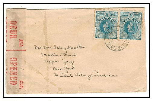 SWAZILAND - 1943 3d rate censored cover to USA used at STEGI.