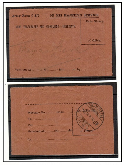 TRANSVAAL - 1902 OHMS telegram envelope used locally cancelled ARMY TELEGRAPHS KP-M.