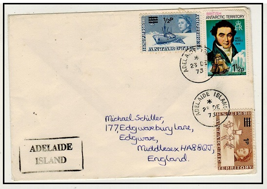 BR.ANTARCTIC TERRITORY - 1973 mixed franking cover to UK used at ADELAIDE ISLAND.